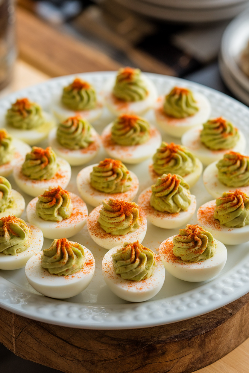 A white indoor platter of deviled eggs, yolk filling blended with avocado for a pale green hue, sprinkled with smoked paprika. No text or logos present.
