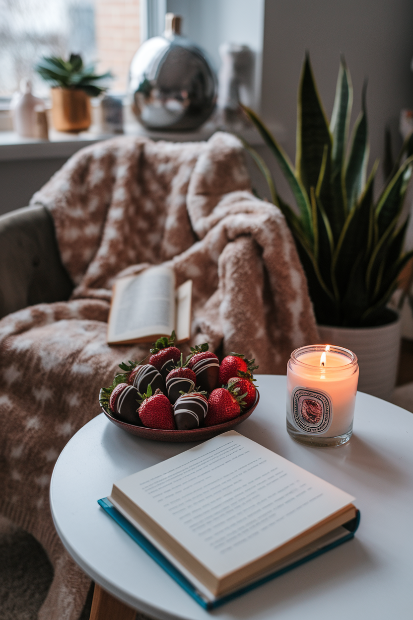 Indoor self-care setup with a plate of dark-chocolate-dipped strawberries beside a lit candle, no text or logos. Photo.