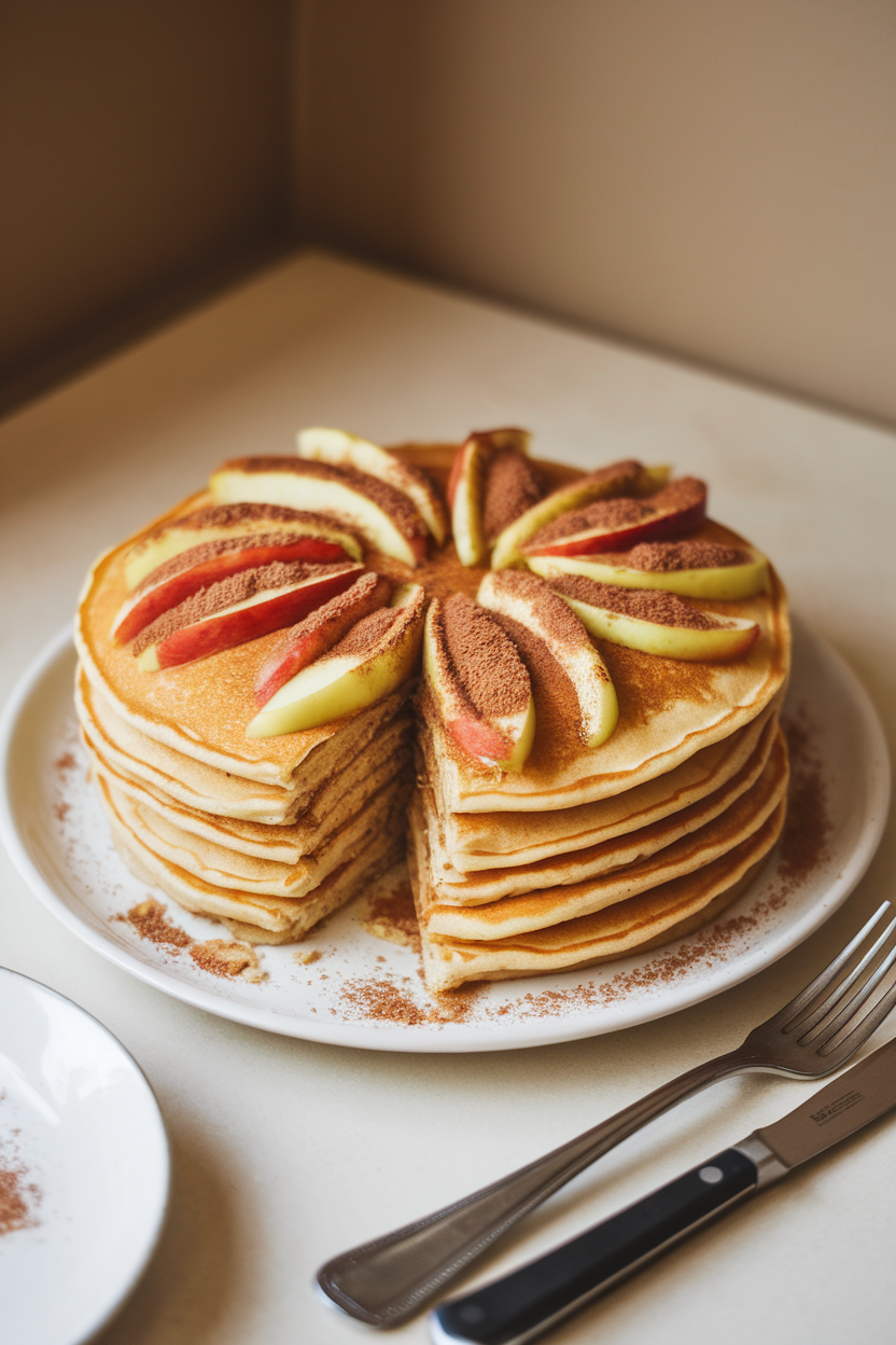 Indoor photo of pancakes each containing a visible apple ring in the center, sprinkled with cinnamon sugar; no text or logos.