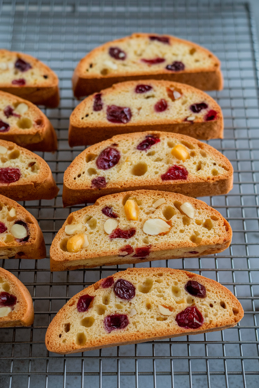 Sliced biscotti studded with candied fruit and nuts on a wire rack indoors, no text or logos.</Prompt