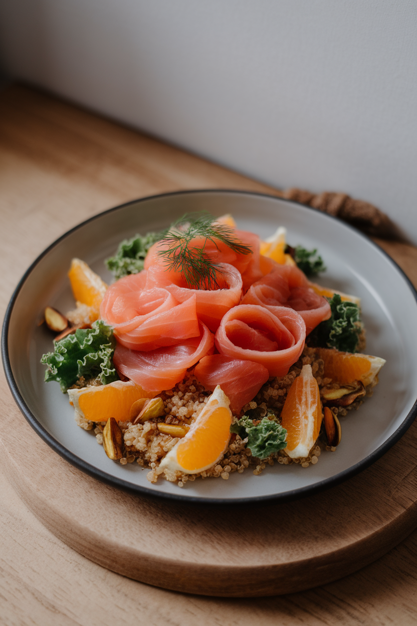 Indoor photo of pink smoked salmon ribbons atop fluffy quinoa, orange segments, baby kale, and toasted pistachios, all on a matte plate. Soft indoor lighting, no text or logos.