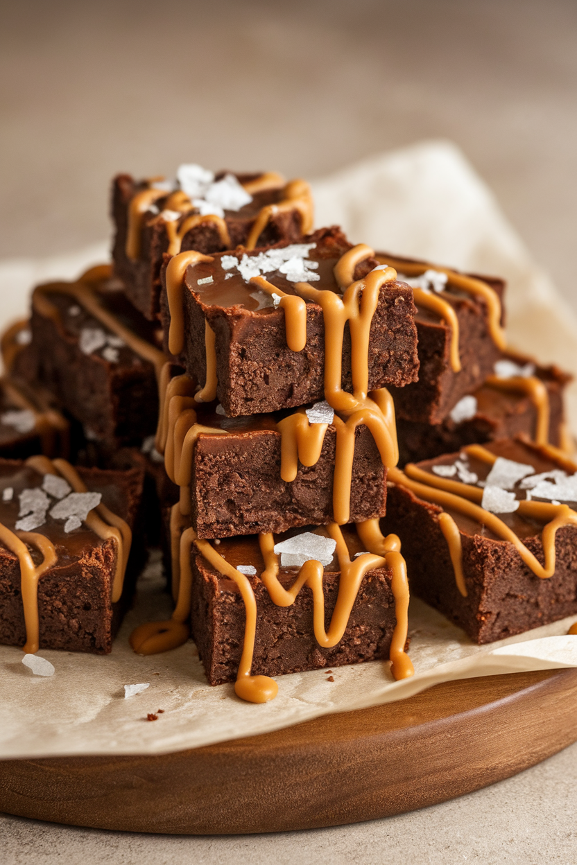Indoor photo of square brownie bites topped with caramel drizzle and flaky sea salt, stacked casually on parchment, no text or logos