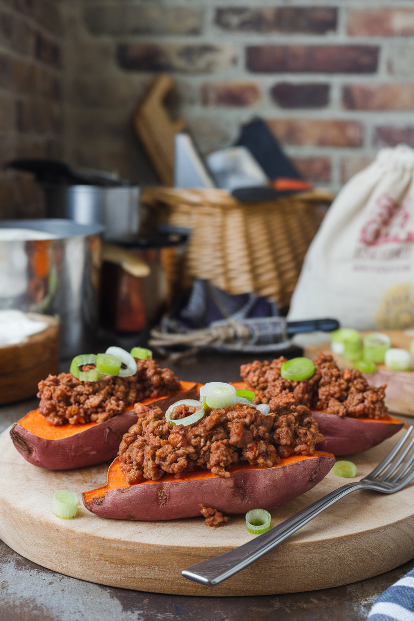 Indoor photo of roasted sweet potato slices topped with saucy BBQ ground turkey and sliced green onions, no text or logos.