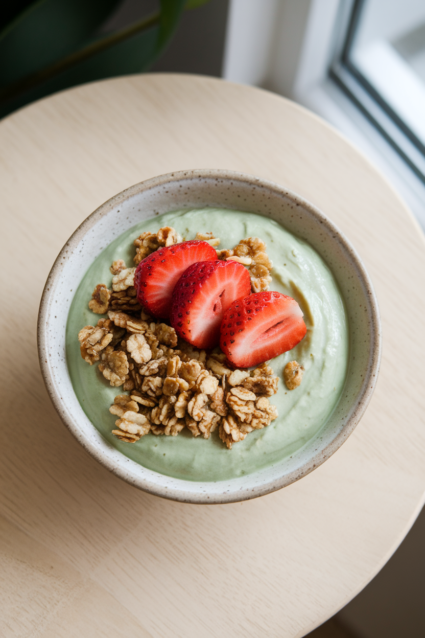 Indoor tabletop featuring a ceramic bowl of pale green matcha yogurt topped with granola and sliced strawberries. No text or logos present.