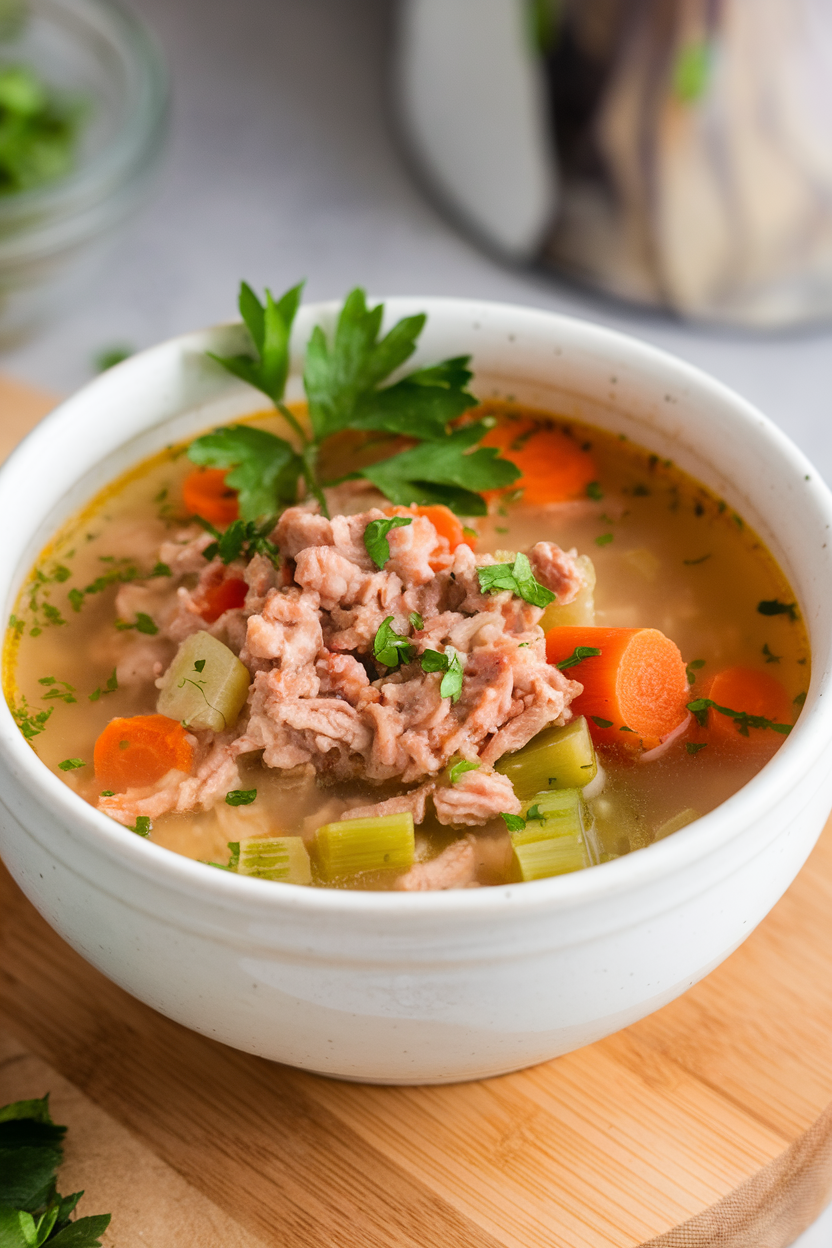 Indoor photo of golden broth soup with ground turkey, carrots, celery, and parsley, steam visible, no text or logos.