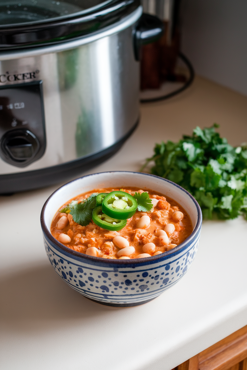 An indoor kitchen counter scene with a ceramic bowl of white bean chicken chili topped with sliced jalapeños and fresh cilantro, slow cooker visible in the background. No branding or text present.