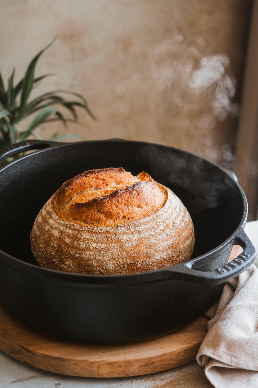 An indoor scene of a cast-iron Dutch oven holding a round multigrain boule, lid off, steam visible. No text or logos. Photo only.