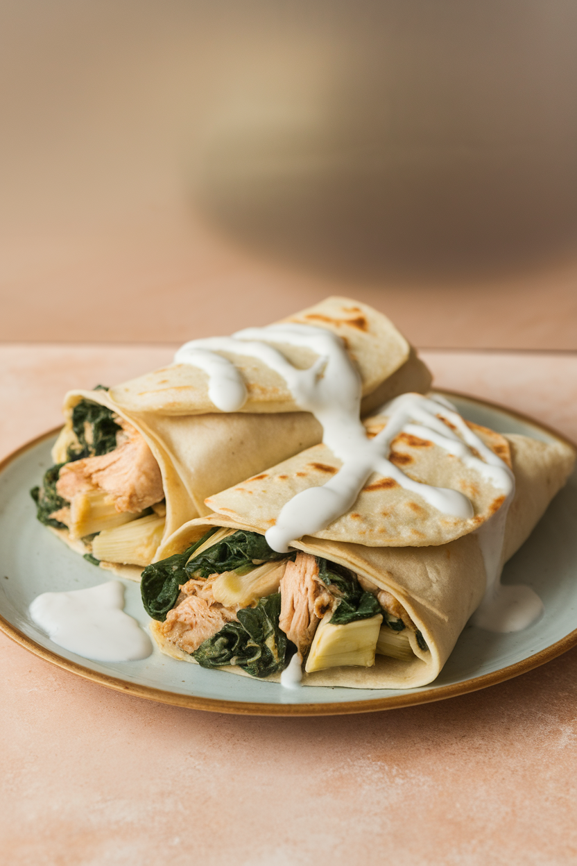 Photo of tortillas stuffed with chicken, spinach, and artichoke hearts, topped with light yogurt sauce, indoor setting, no logos.