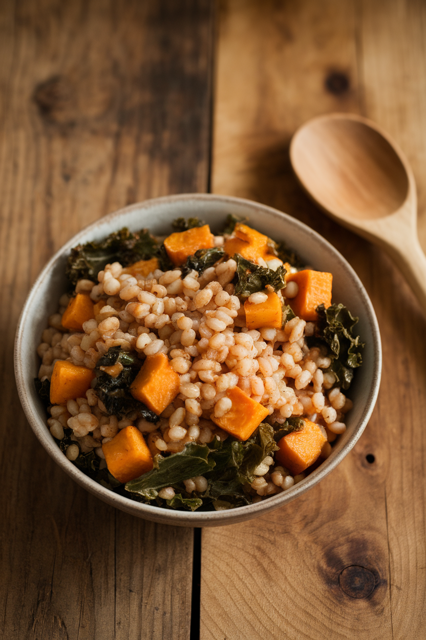An indoor bowl of hearty farro mixed with roasted butternut squash cubes and wilted kale, wooden spoon resting beside. No text or logos.