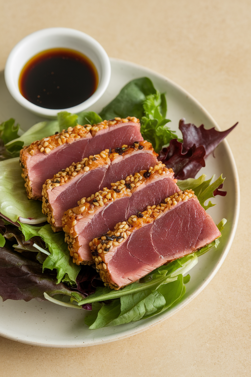 Indoor plate with thin slices of seared sesame-crusted tuna laid over mixed greens, soy-ginger dressing on side. No text or logos; fish is cooked.