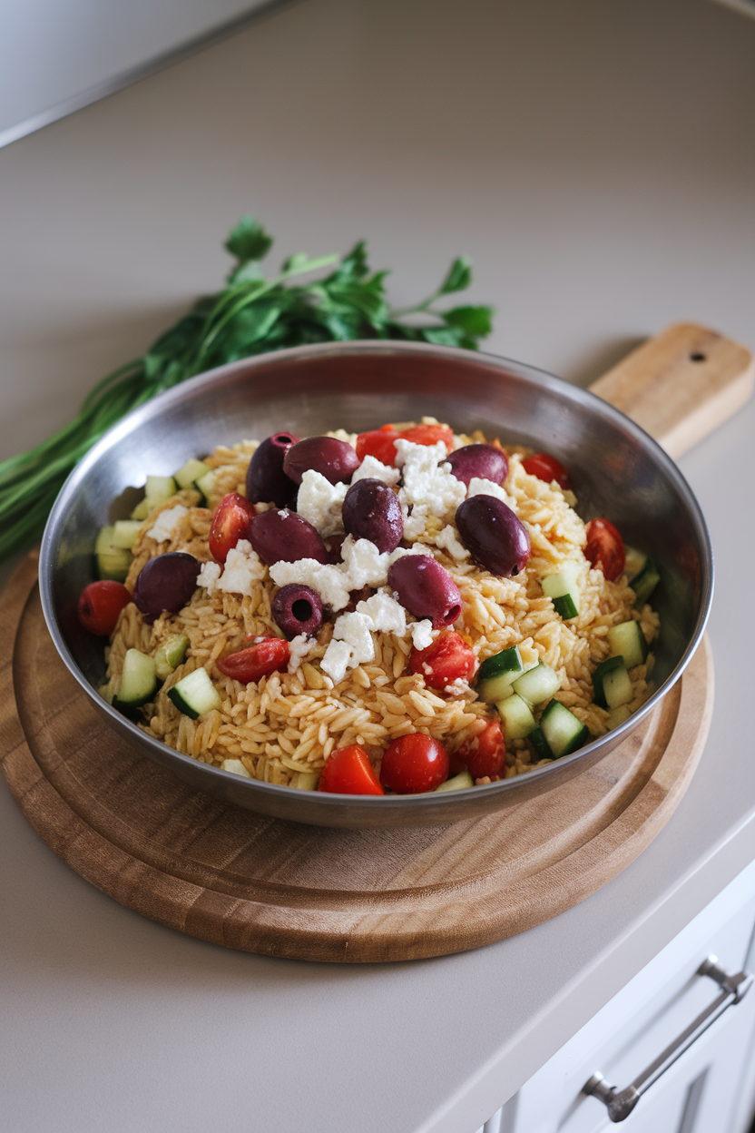 Photo of an indoor countertop with a wide serving bowl of cooked orzo, kalamata olives, diced cucumber, cherry tomatoes, and crumbled feta, gently tossed. No text or logos present.