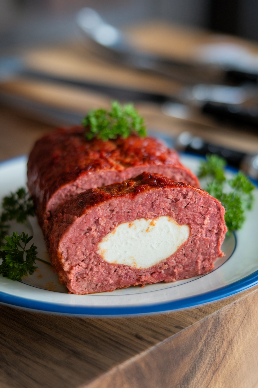 Indoor plate with individual meatloaf cut open revealing melted mozzarella center, garnished with parsley. No text or logos. Photo, not illustration.