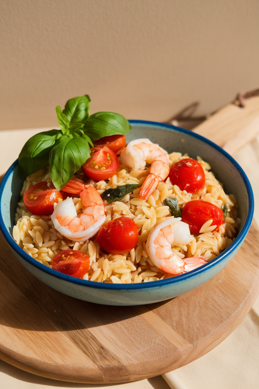Indoor bowl photo of orzo pasta mixed with cherry tomatoes, basil, and cooked shrimp; bright kitchen light, no text or logos.