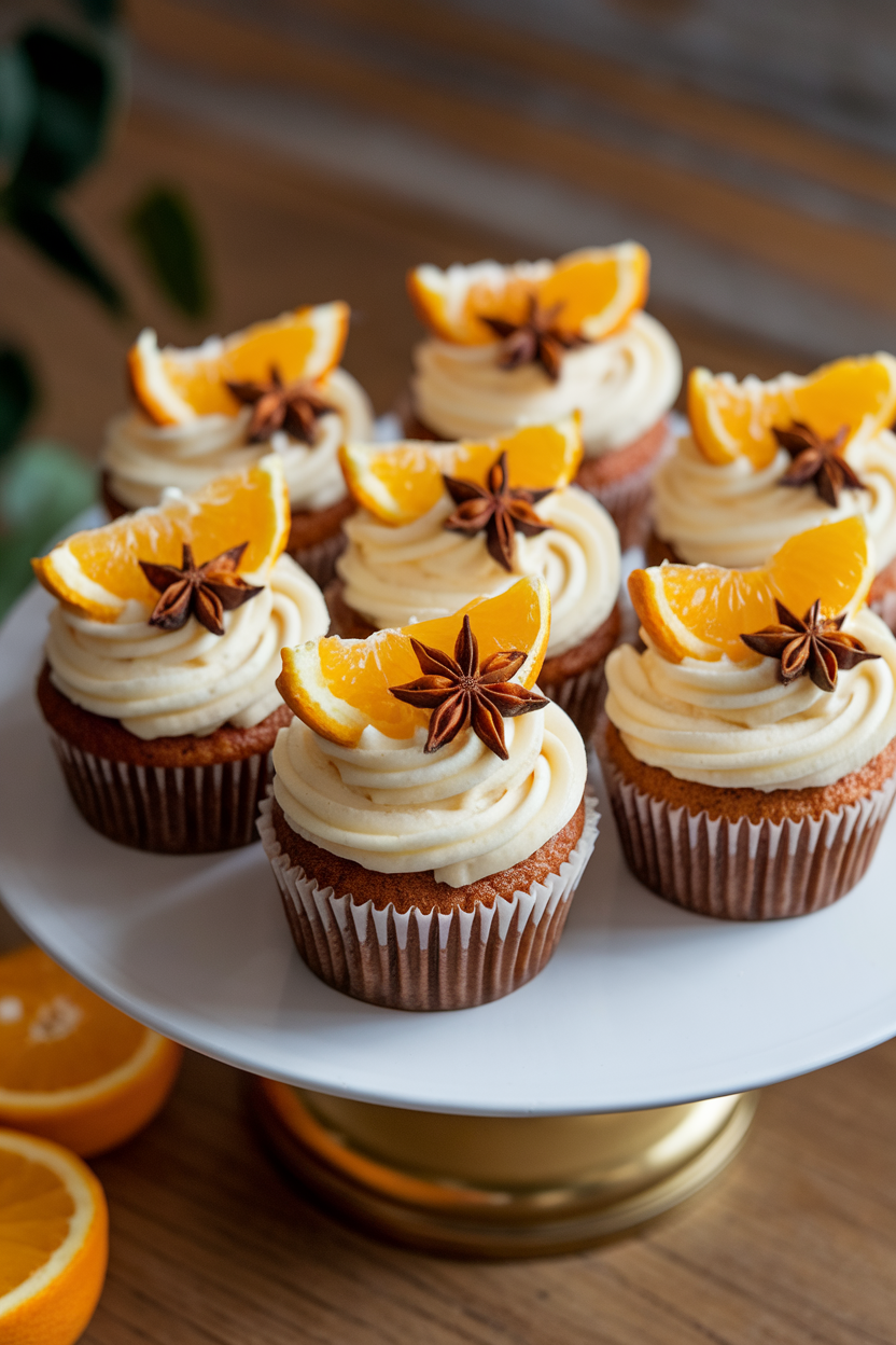 Photo of indoor platter with cupcakes decorated with candied orange wedges and star anise accents on cream frosting, no text or logos.