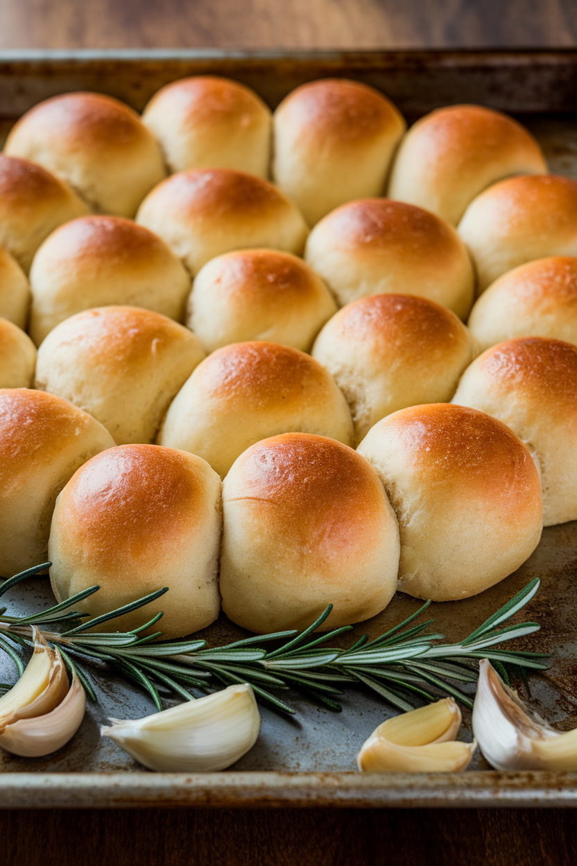 An indoor baking sheet crowded with small golden rolls, rosemary sprigs and roasted garlic cloves nearby. No text or logos. Photo only.