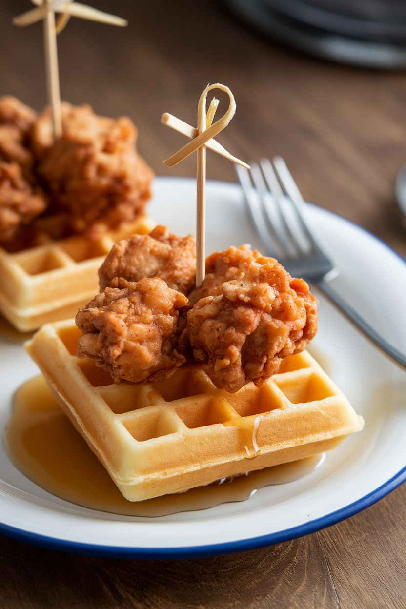 Indoor photo of toothpick-skewered mini waffles topped with fried chicken bites and a dot of maple syrup. No text or logos.