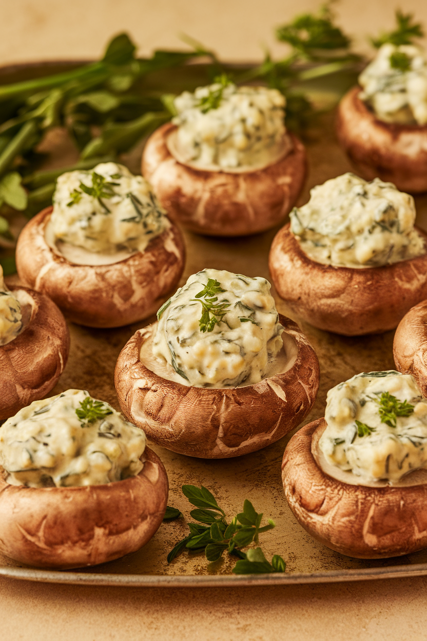 Indoor photo of baked button mushrooms filled with creamy herb mixture on a serving tray, no text or logos