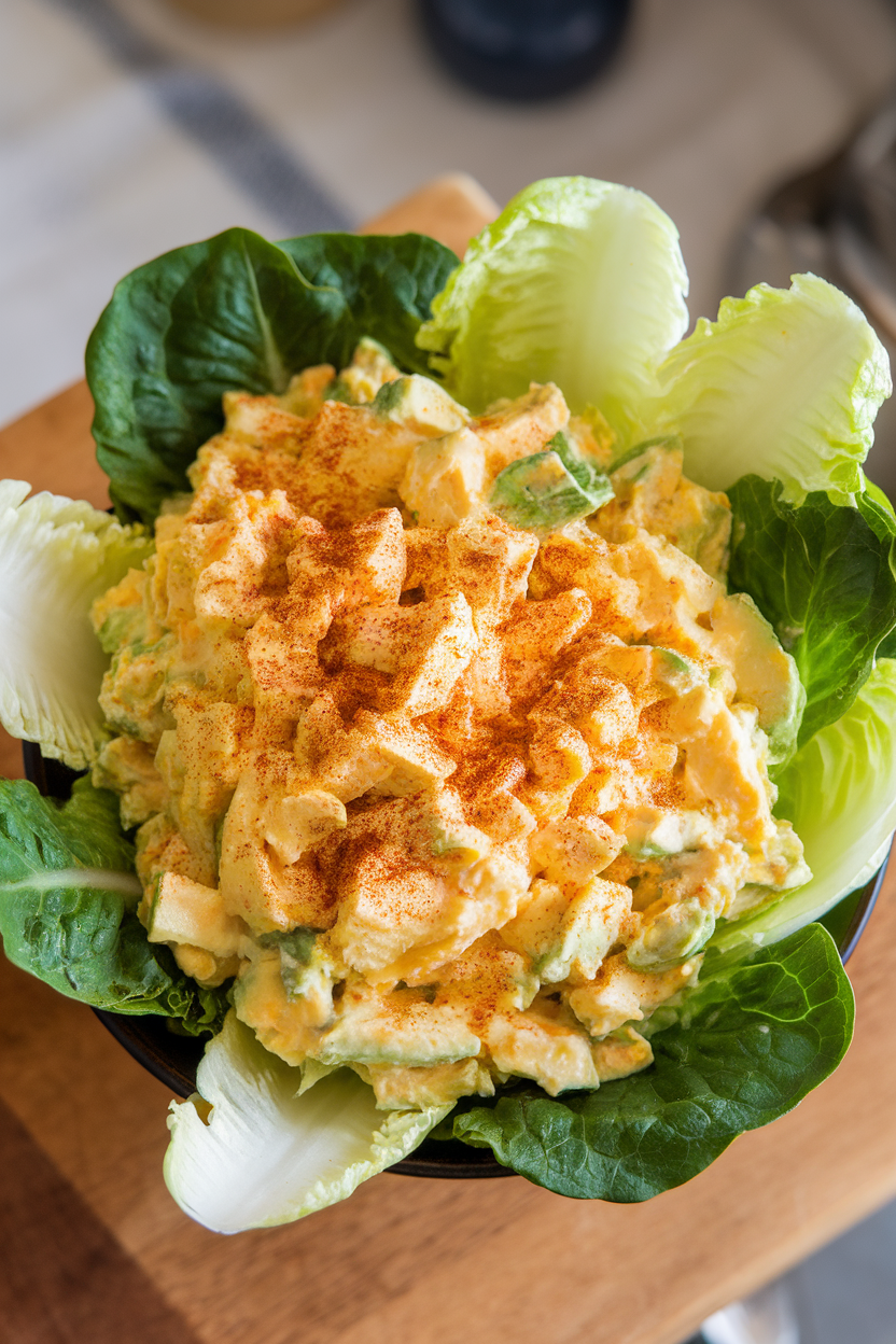 Indoor photo of crisp romaine leaves filled with creamy avocado egg salad, sprinkled with paprika. Overhead shot, no text or logos.