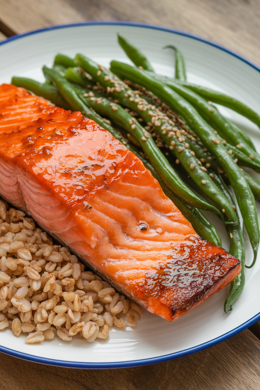 Indoor photo of cooked salmon coated in shiny miso glaze, farro, and sesame-sprinkled green beans on a plate. No text or logos.
