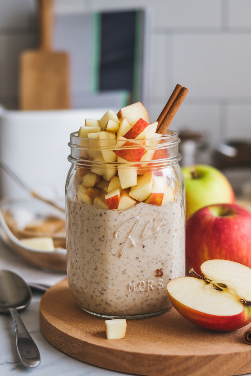 A close-up of a mason jar filled with apple cinnamon overnight oats on an indoor kitchen counter, diced apple sprinkled on top. No text or logos.