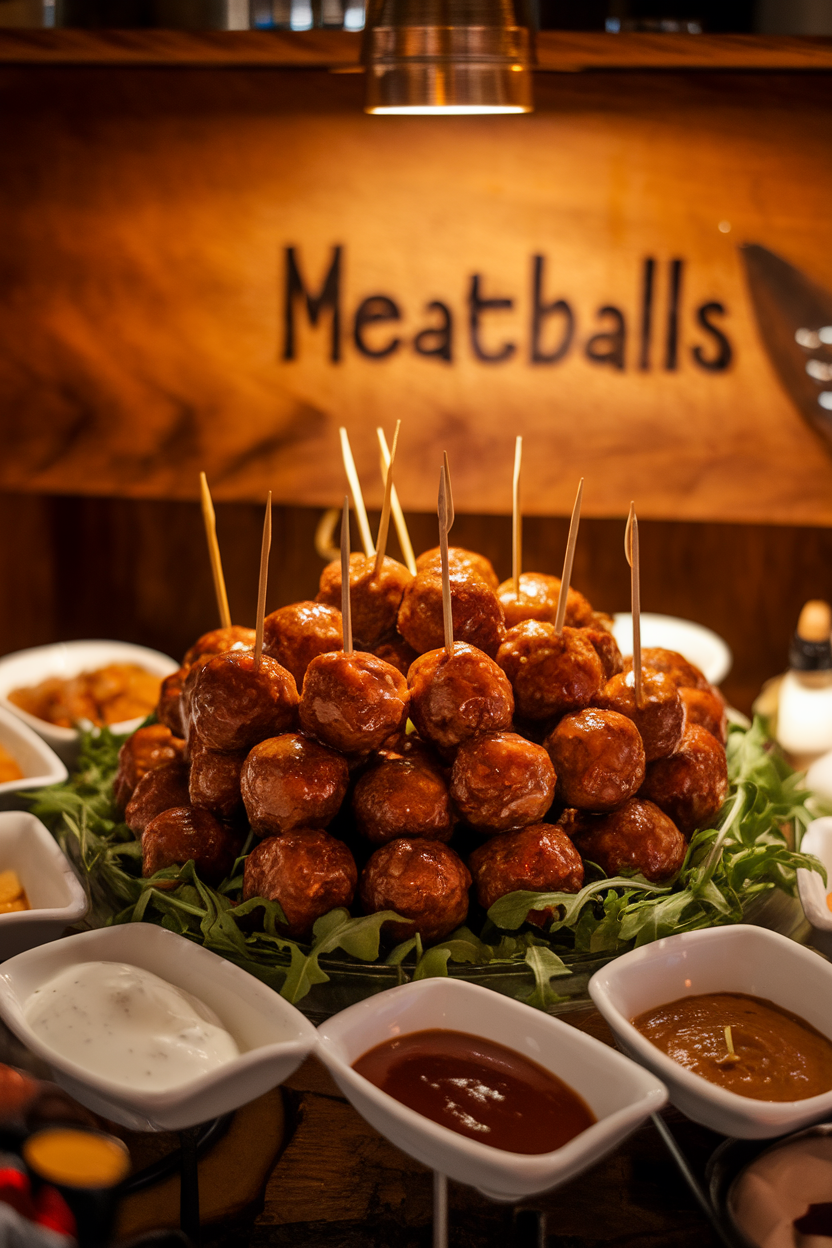 Indoor buffet platter holding shiny glazed meatballs with toothpicks already inserted, warm ambient light. No text or logos. Photo only.