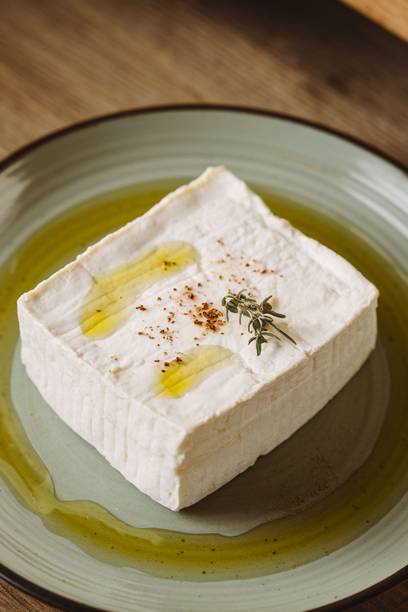 A block of creamy white feta on an indoor plate, olive oil droplets and oregano sprinkled on top, no text or logos, photo.