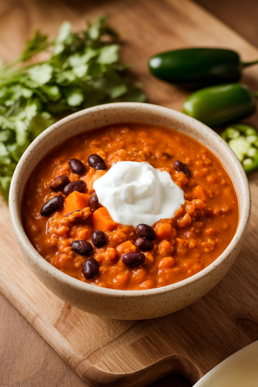Indoor soup bowl filled with thick orange-red chili dotted with black beans and sweet potato chunks, topped with a dollop of yogurt. No text or logos.