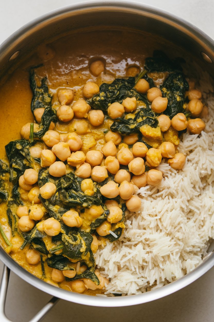 An indoor saucepan of chickpeas and spinach simmering in a golden curry sauce, served over cooked basmati rice. Photo, no text or logos.