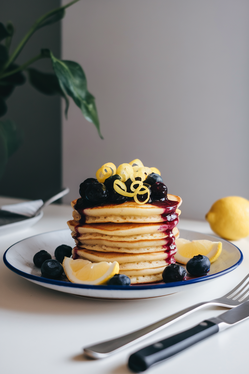 Photo of an indoor plate of fluffy lemon ricotta pancakes topped with blueberry compote and lemon zest curls. No text or logos visible.