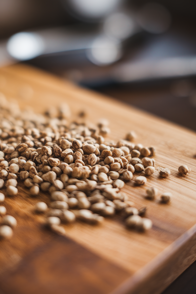 Indoor photo of hemp hearts sprinkled over a wooden board, close-up macro shot; soft studio light, no text or logos