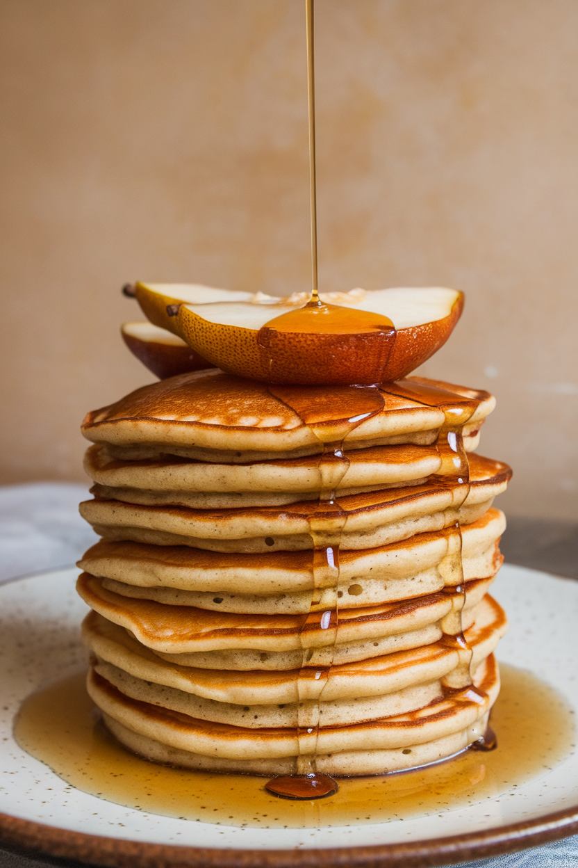 Indoor photo of pancakes layered with caramelized pear slices and a drizzle of brown-butter syrup; no text or logos.