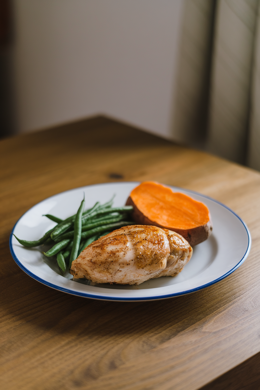 A dinner plate on a wooden table with a cooked chicken breast precisely the size of an adult palm, plus sides of green beans and sweet potato. No text or logos.