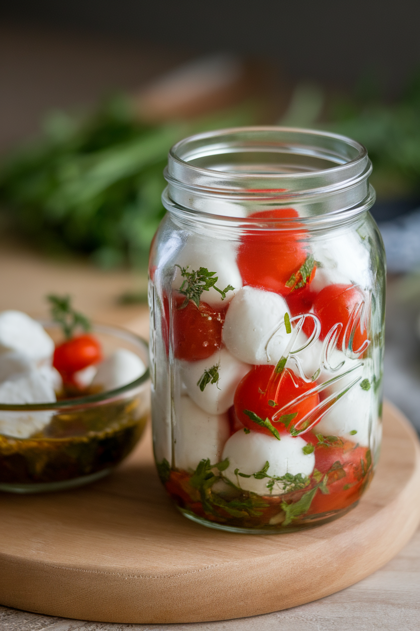 Indoor mason jar filled with mozzarella pearls and halved cherry tomatoes in herb marinade, spilled onto a small dish—photo, no text or logos.