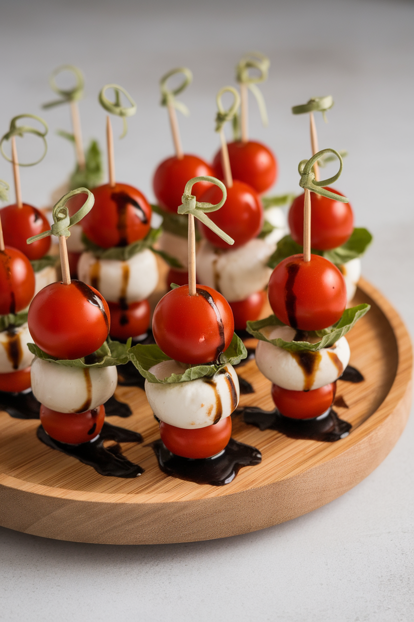 Indoor photo of cocktail skewers holding cherry tomatoes, basil leaves, and mozzarella pearls, lightly drizzled with balsamic reduction on a platter. No logos or text.