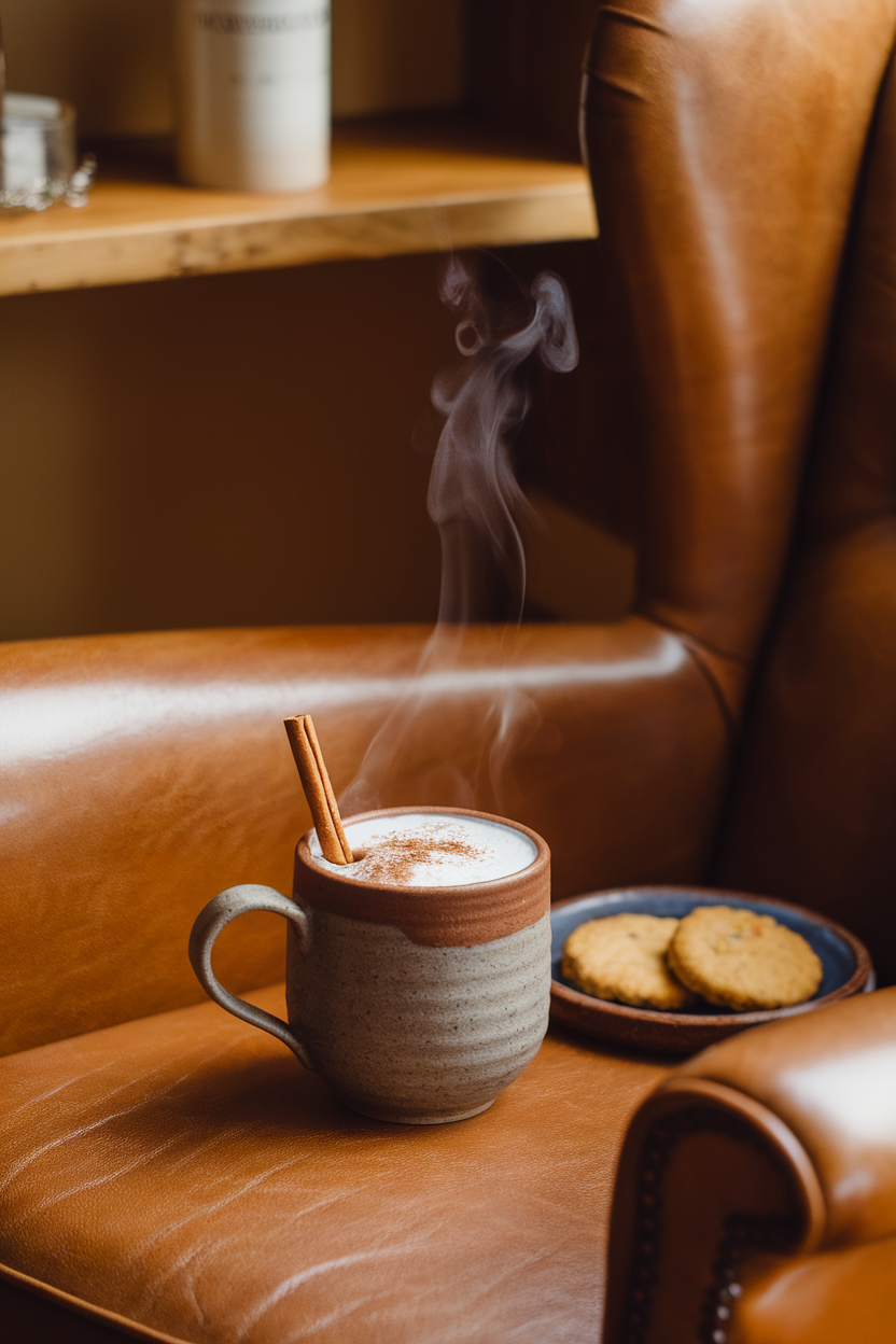 Cozy indoor armchair setting with a ceramic mug of frothy vanilla chai hot chocolate, cinnamon stick stirrer. Photo, no text or logos.
