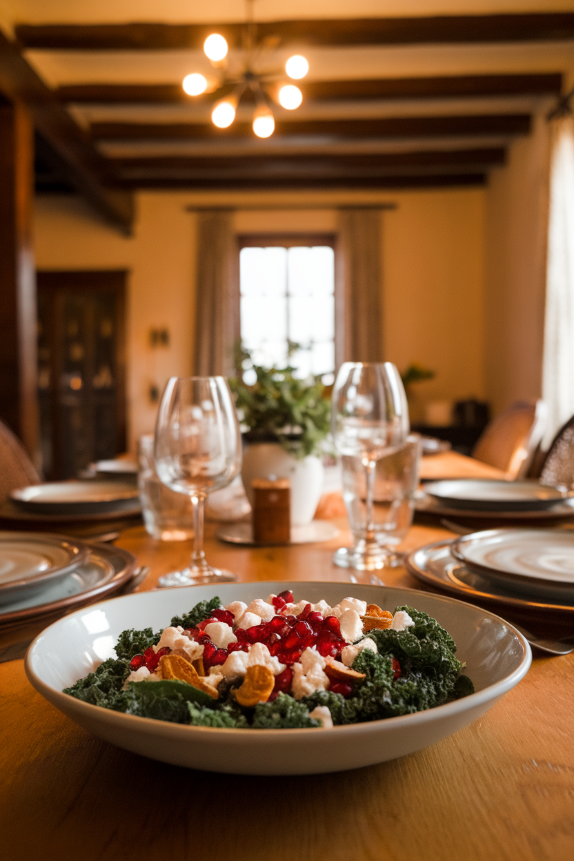 A warmly lit indoor dining table featuring a shallow white bowl of baby kale topped with ruby pomegranate seeds, crumbled feta, and toasted almonds. No text or logos visible. Photo, not illustration.