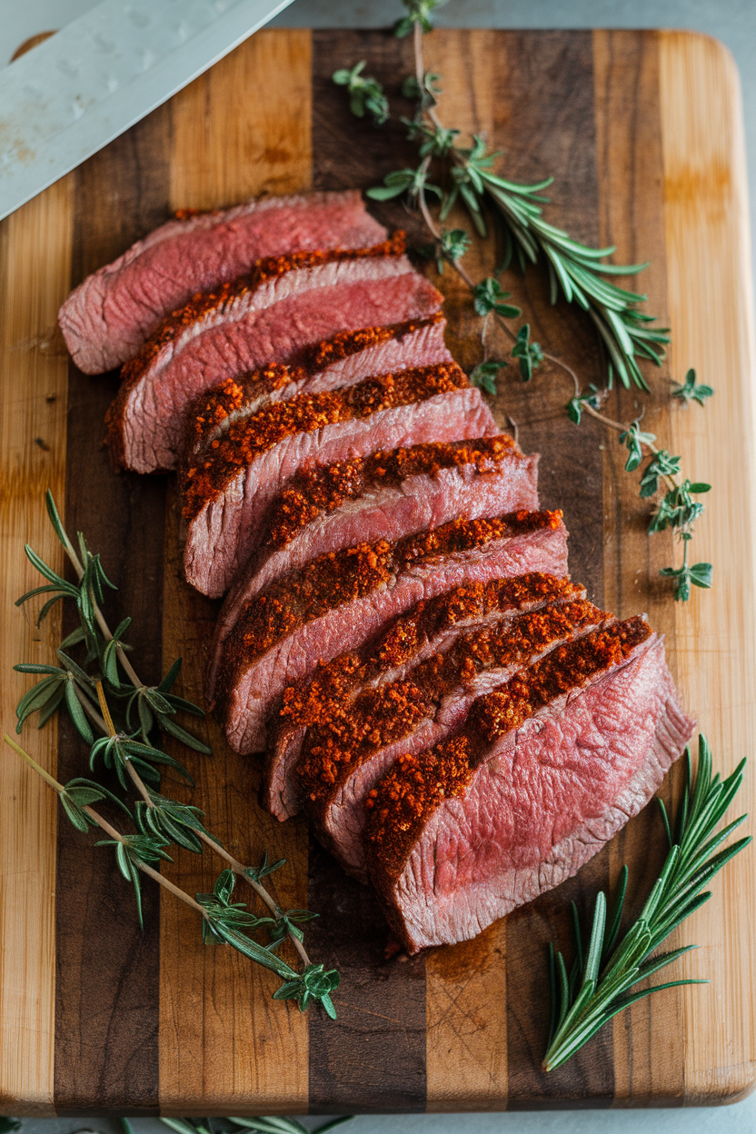 An indoor cutting board with slices of medium-rare skirt steak dusted in smoked paprika rub. No logos; photo.