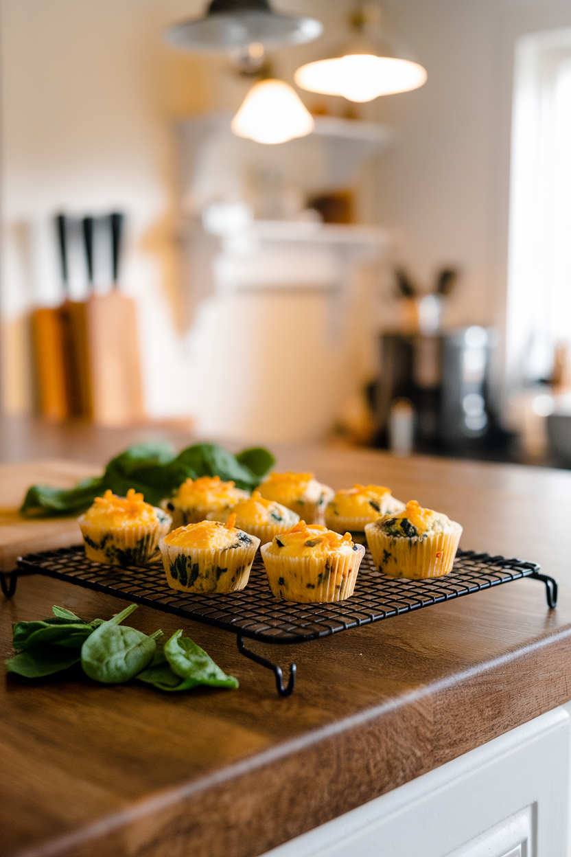 Indoor kitchen island displaying a cooling rack with several mini egg muffins flecked with spinach and cheddar. No text or logos on cookware.