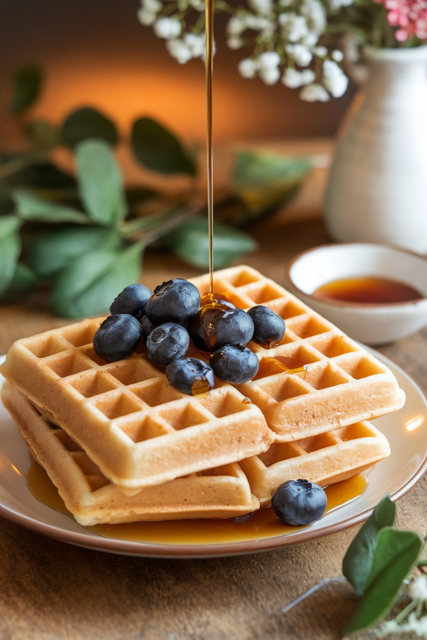 An indoor brunch setting with a stack of golden multigrain waffles dotted with blueberries and a side of maple syrup. No text or logos.