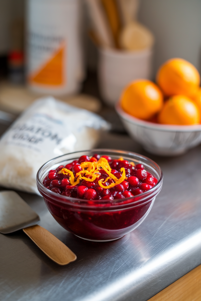 A bowl of vibrant cranberry compote on an indoor counter with a small offset spatula, no text or logos