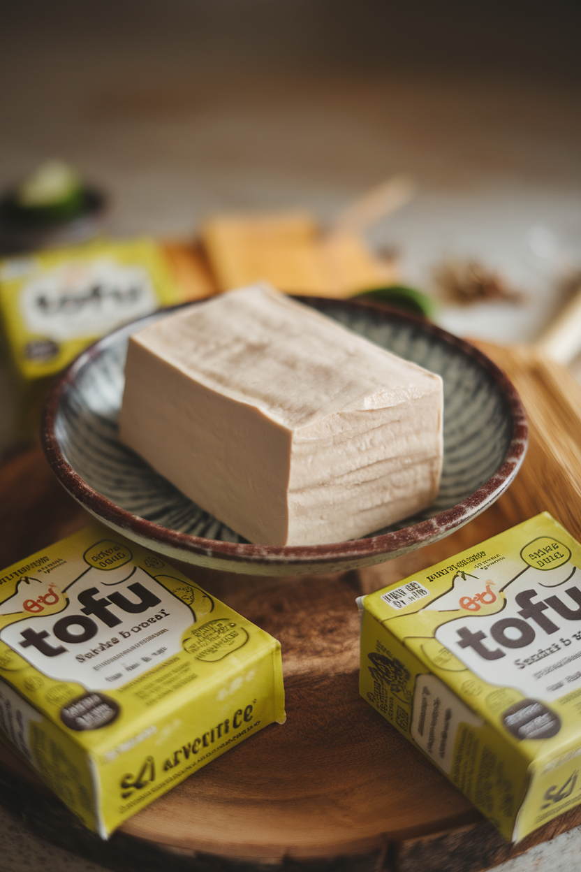 Indoor photo of a block of silken tofu gently slid onto a dish, surrounded by tofu packaging; soft lighting, no text or logos