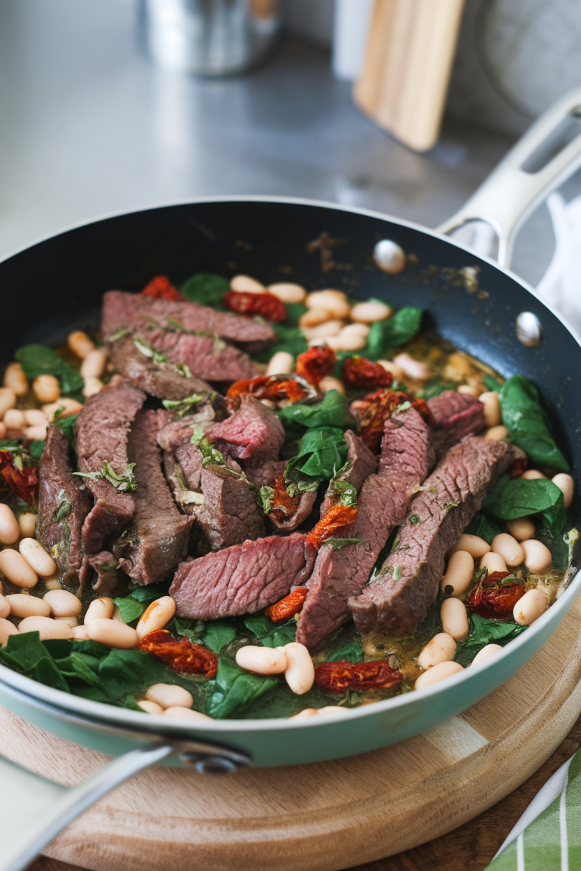 Indoor skillet with beef strips, cannellini beans, spinach, and sun-dried tomatoes in light herb sauce. No text or logos; photo.
