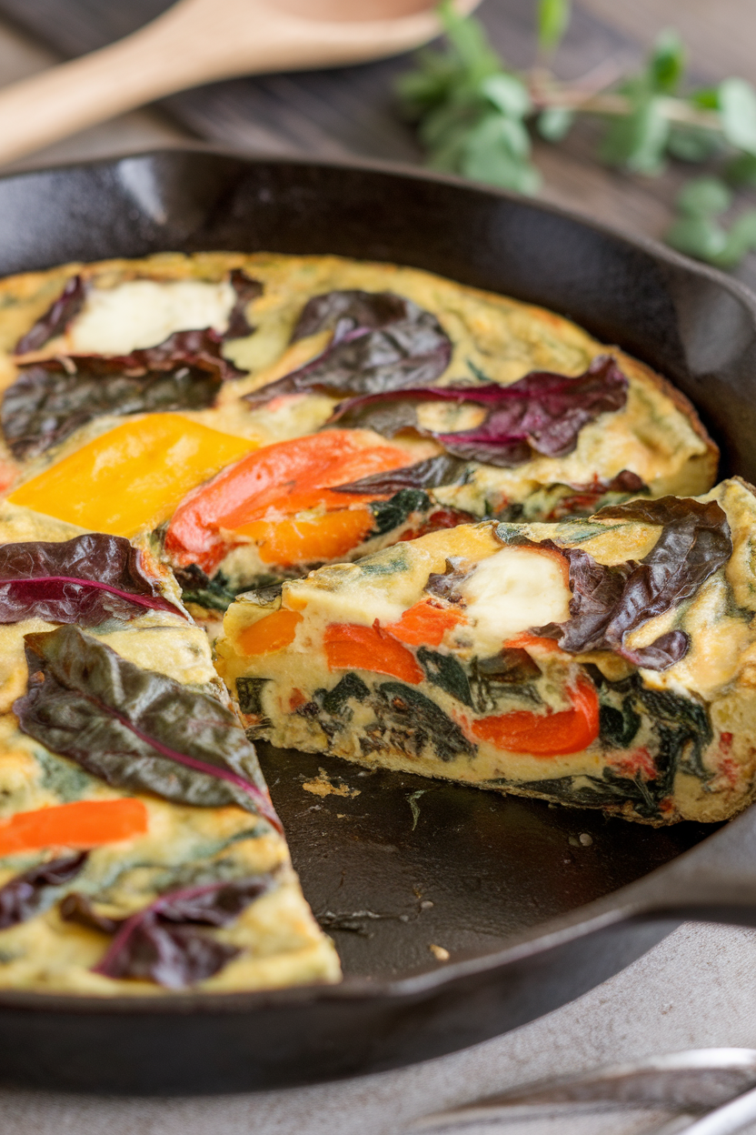 Indoor cast-iron skillet shot of a thick frittata sliced to reveal colorful Swiss chard and pockets of melted goat cheese. No text or logos.