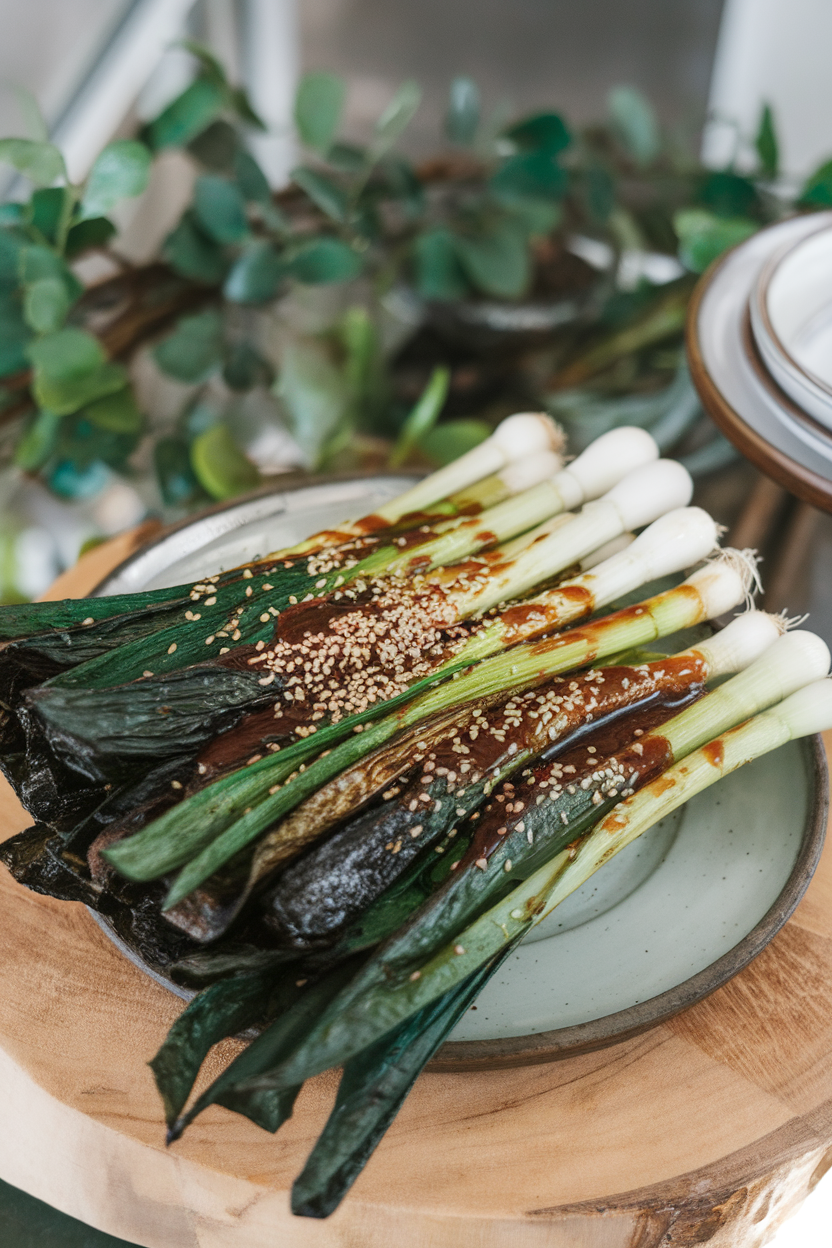 Indoor platter of charred scallions brushed with teriyaki glaze, sesame seeds on top. No logos.