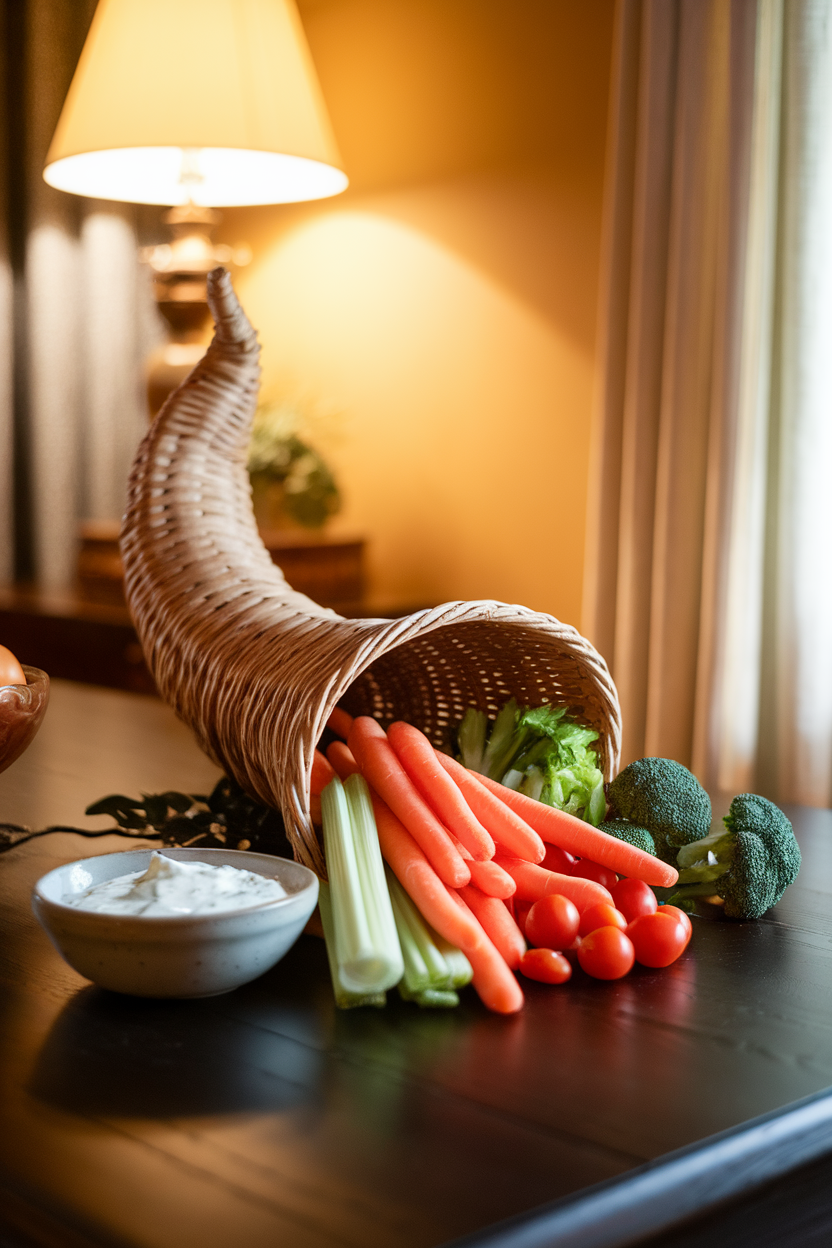 A warmly lit indoor dining table displaying a horn-shaped wicker cornucopia spilling out baby carrots, celery sticks, broccoli florets, and cherry tomatoes. A small bowl of ranch dip rests nearby. Photo only, no text or logos.
