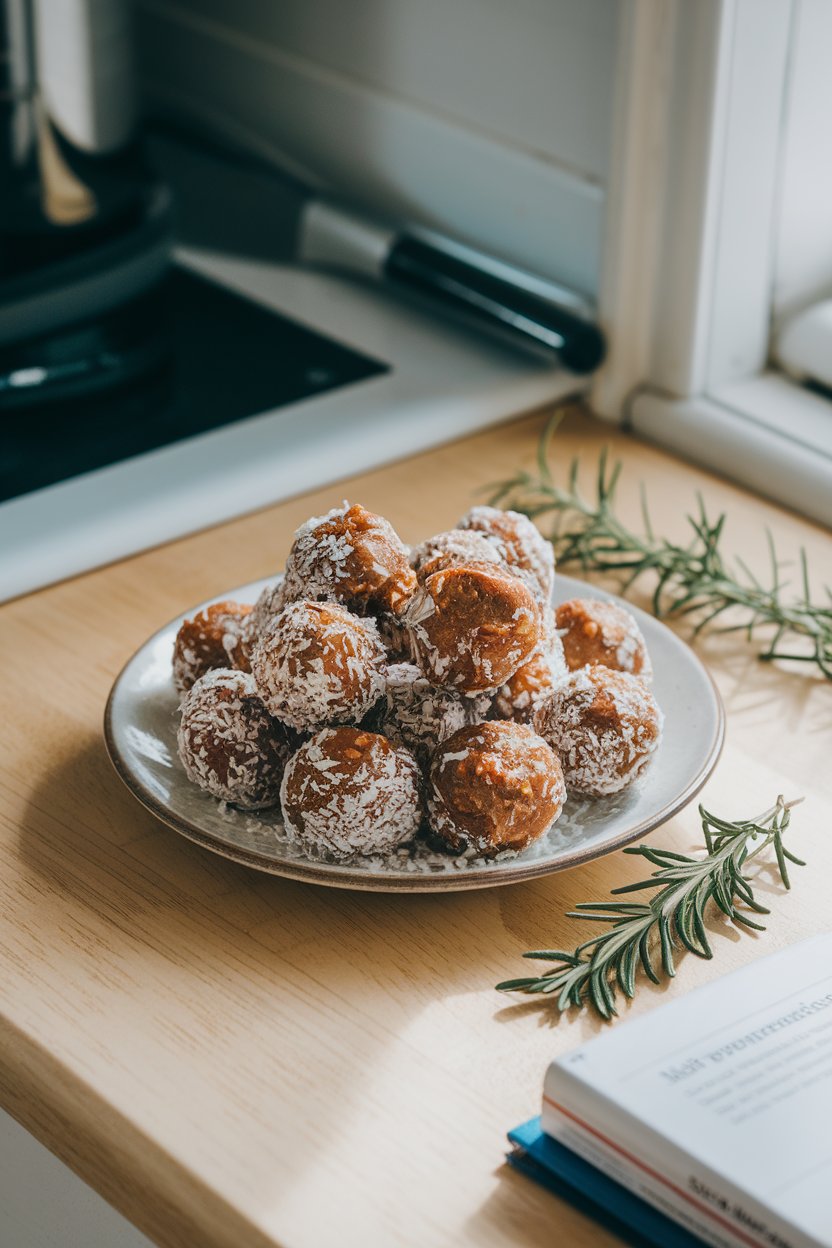 Indoor countertop with a plate of round almond-date energy bites rolled in shredded coconut; soft window light, no text or logos.