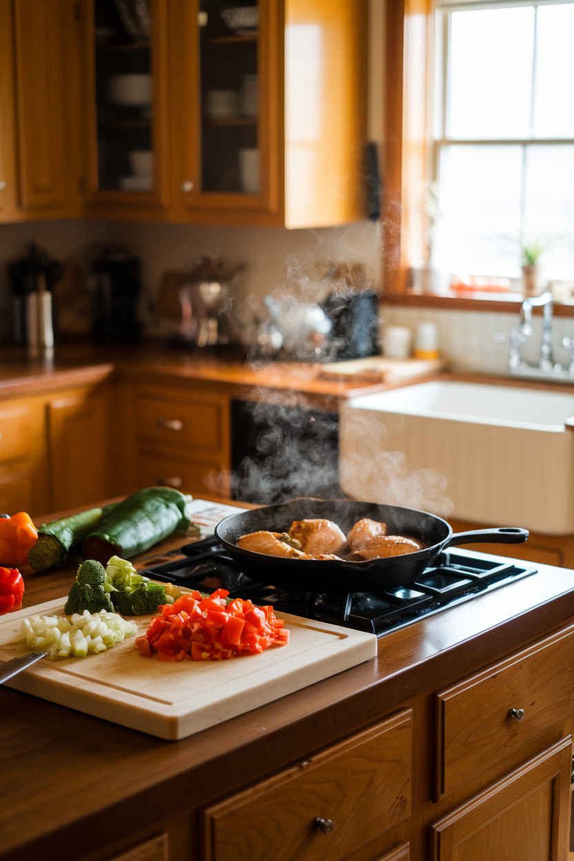 Photo prompt: A warmly lit indoor kitchen island with a cutting board holding chopped vegetables and a skillet of sizzling chicken, steam rising, no text or logos visible.