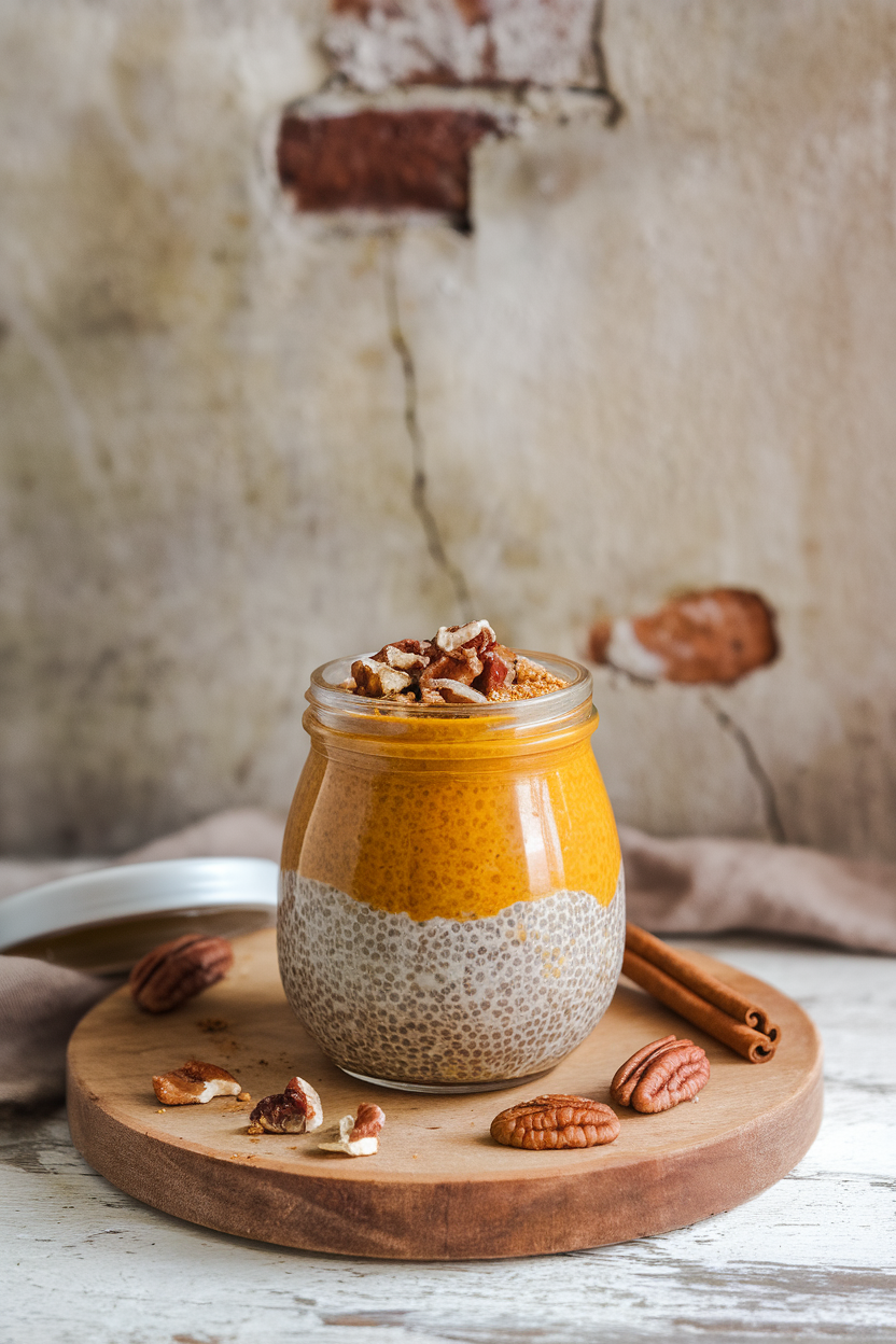 An indoor breakfast bar showing a glass jar of thick pumpkin chia pudding topped with crushed pecans. No text or logos.