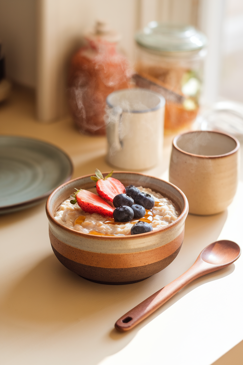 A warmly lit indoor breakfast scene featuring a ceramic bowl of steaming oatmeal crowned with sliced strawberries, blueberries, and a drizzle of honey; no text or logos in the photo.