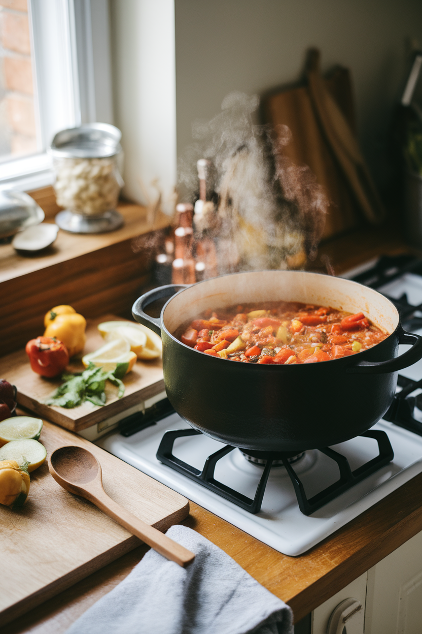 Photo of a cozy indoor kitchen counter with a pot of vegetable chili simmering on the stove, steam rising gently. No text or logos visible.